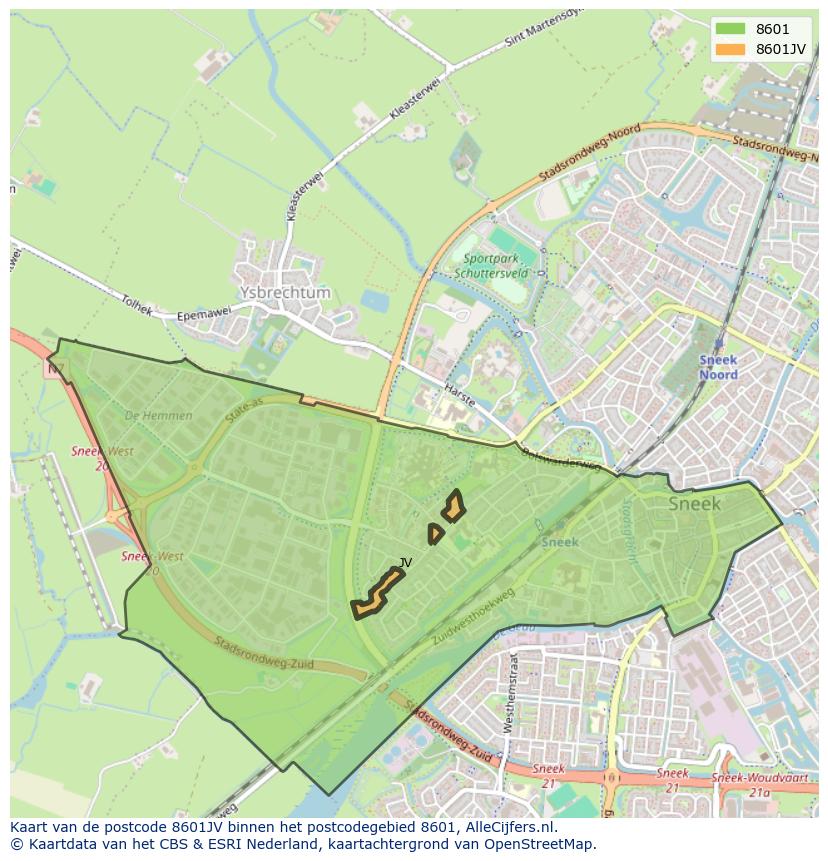 Afbeelding van het postcodegebied 8601 JV op de kaart.