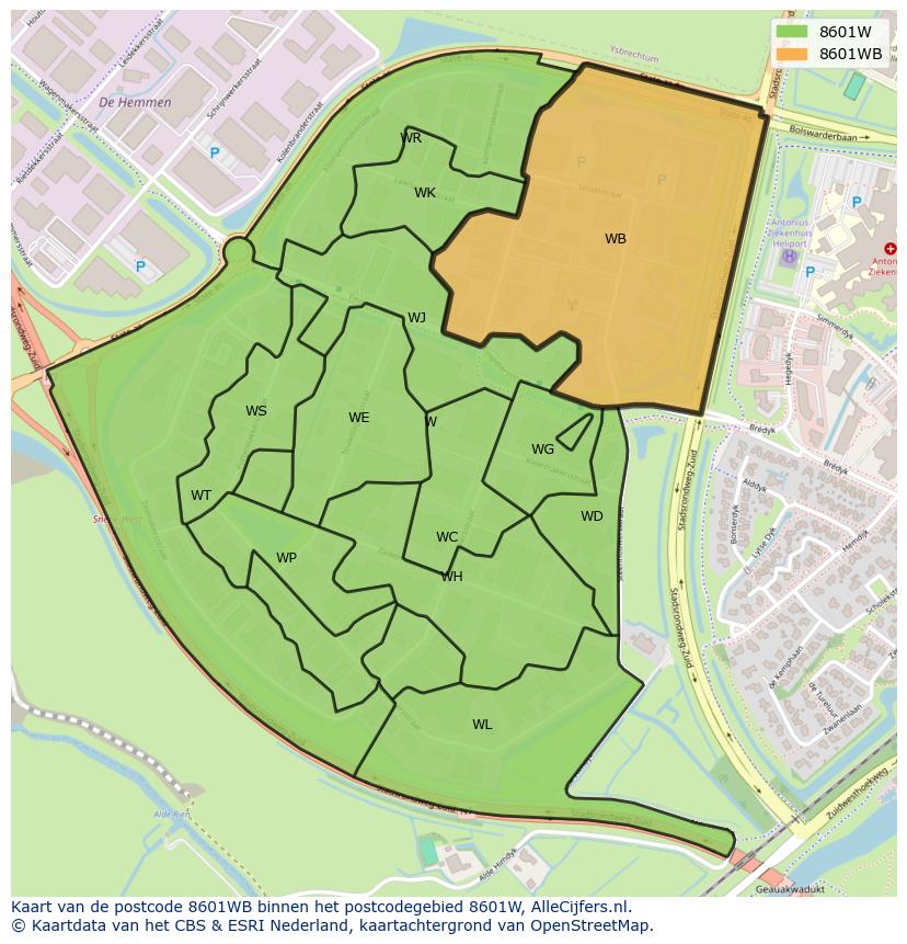 Afbeelding van het postcodegebied 8601 WB op de kaart.