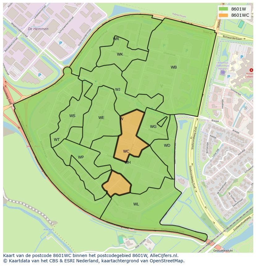 Afbeelding van het postcodegebied 8601 WC op de kaart.