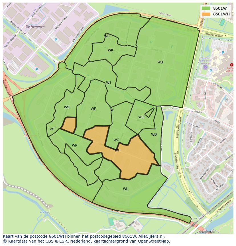 Afbeelding van het postcodegebied 8601 WH op de kaart.