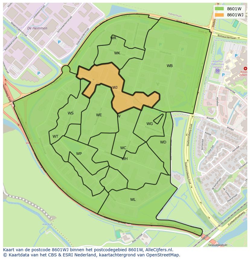 Afbeelding van het postcodegebied 8601 WJ op de kaart.