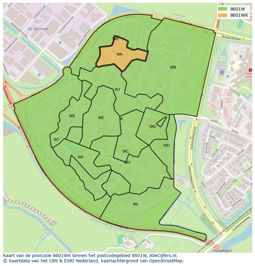 Afbeelding van het postcodegebied 8601 WK op de kaart.