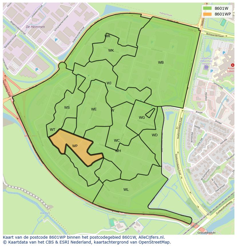 Afbeelding van het postcodegebied 8601 WP op de kaart.