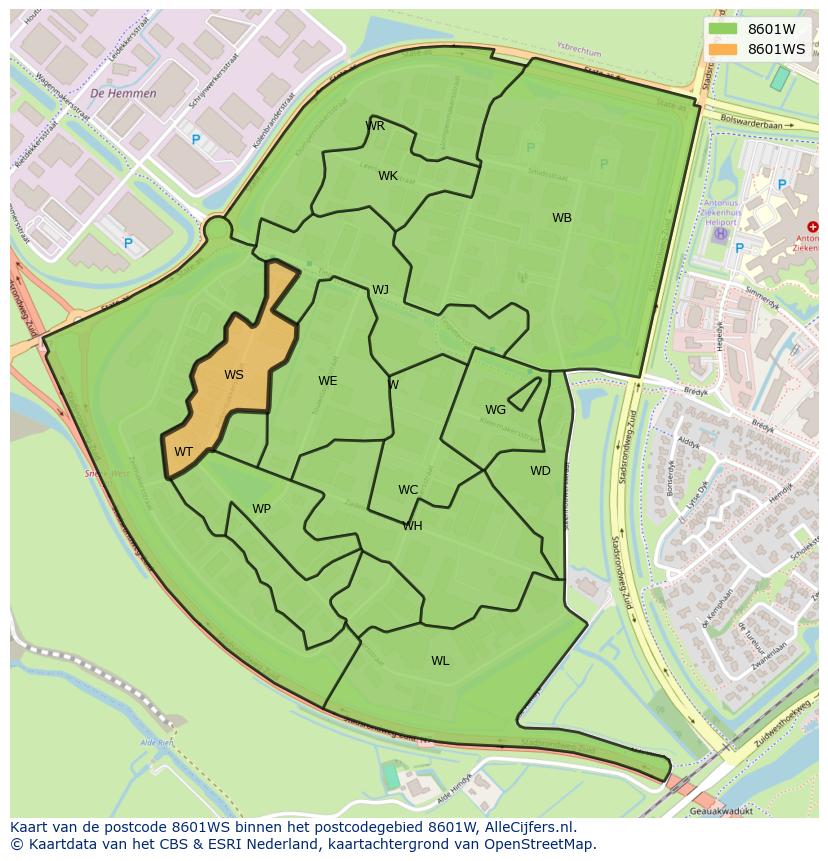Afbeelding van het postcodegebied 8601 WS op de kaart.