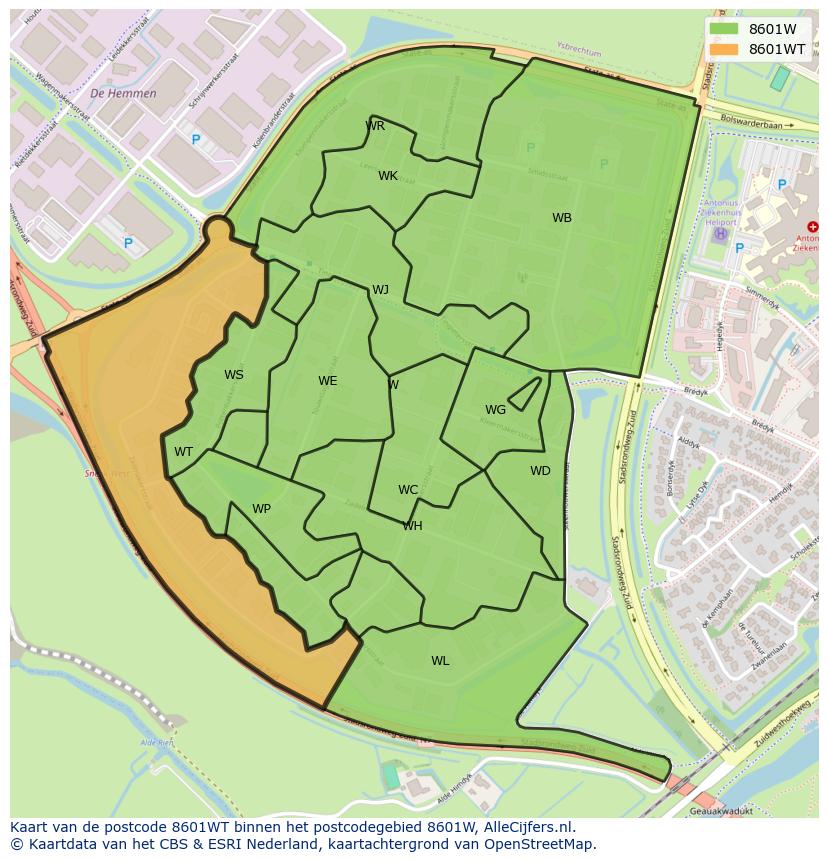 Afbeelding van het postcodegebied 8601 WT op de kaart.
