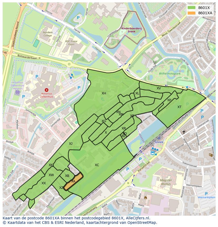 Afbeelding van het postcodegebied 8601 XA op de kaart.