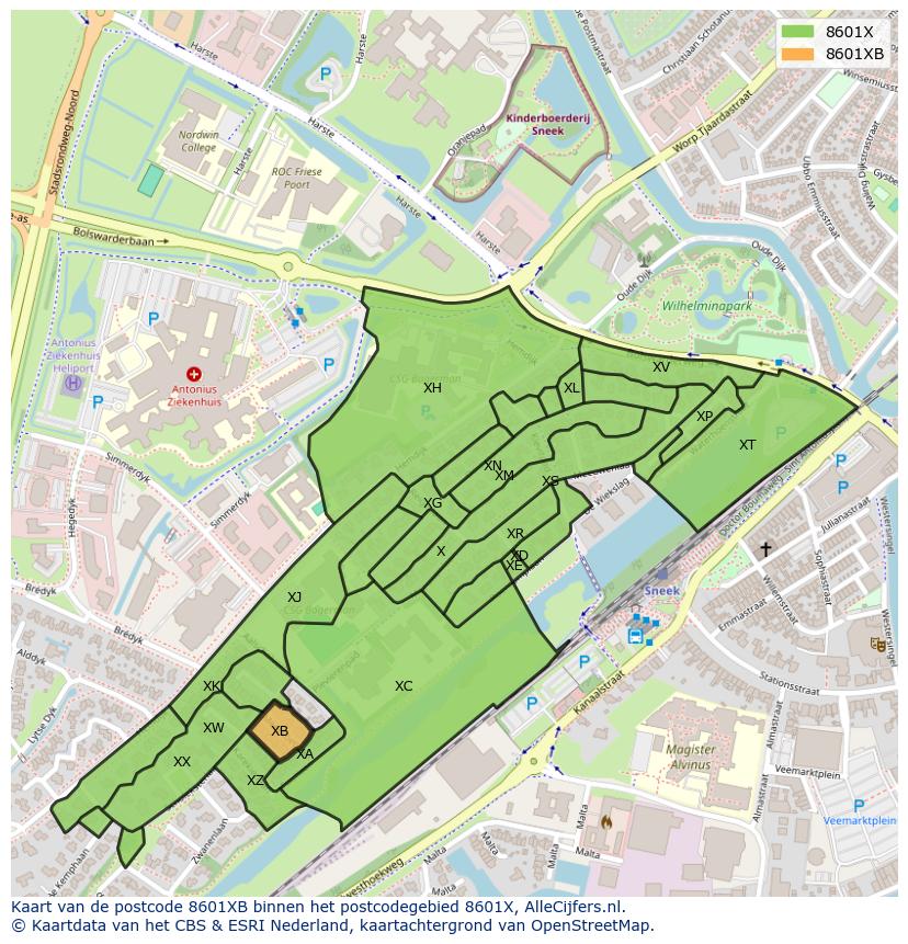 Afbeelding van het postcodegebied 8601 XB op de kaart.