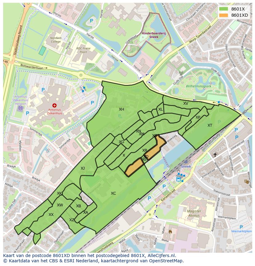 Afbeelding van het postcodegebied 8601 XD op de kaart.