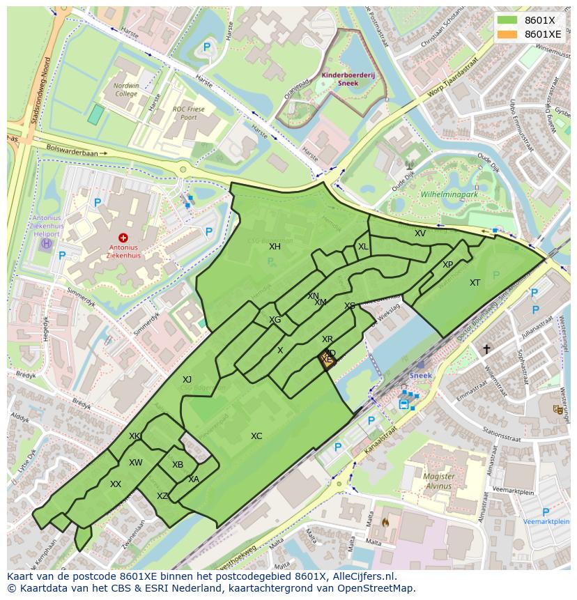 Afbeelding van het postcodegebied 8601 XE op de kaart.