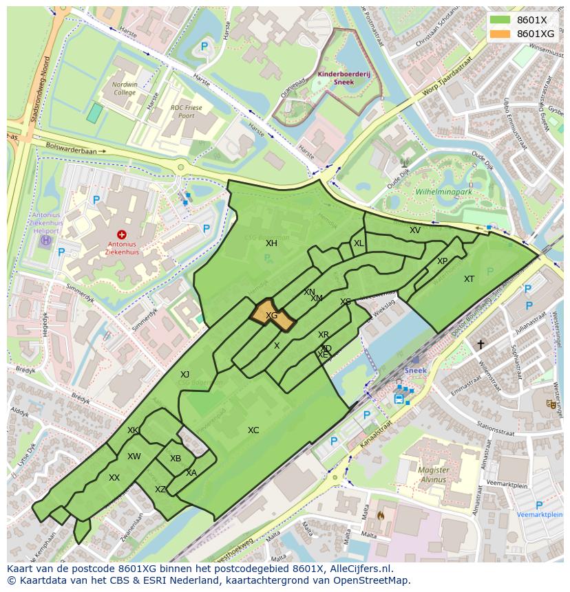 Afbeelding van het postcodegebied 8601 XG op de kaart.