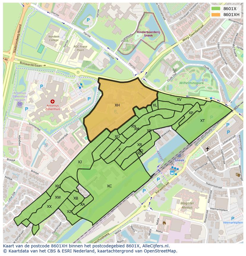 Afbeelding van het postcodegebied 8601 XH op de kaart.