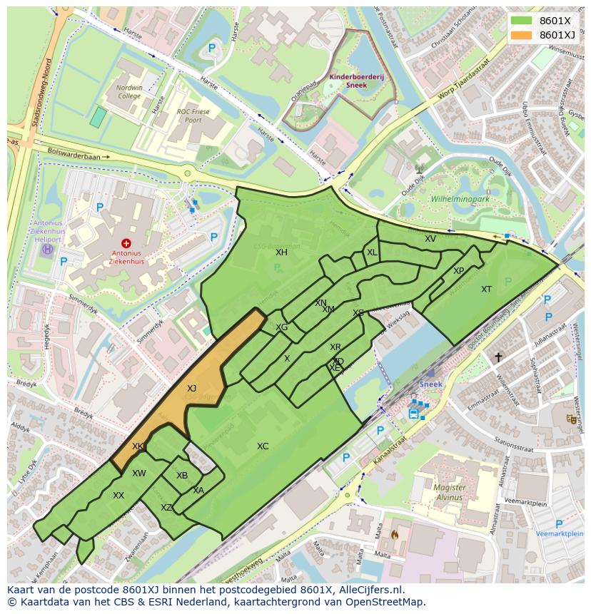 Afbeelding van het postcodegebied 8601 XJ op de kaart.