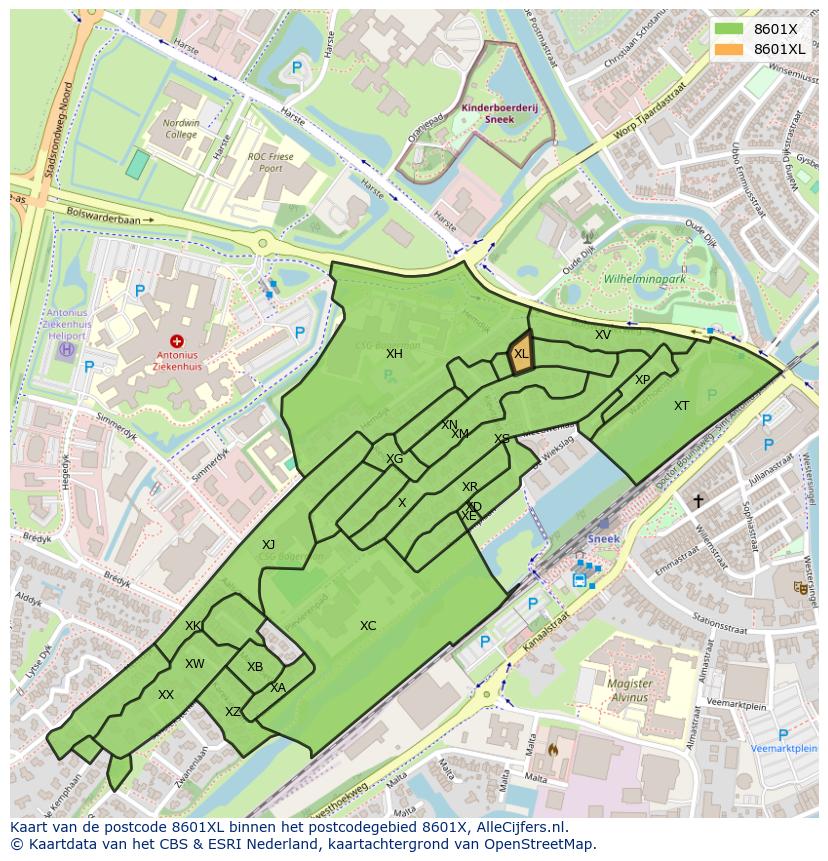 Afbeelding van het postcodegebied 8601 XL op de kaart.