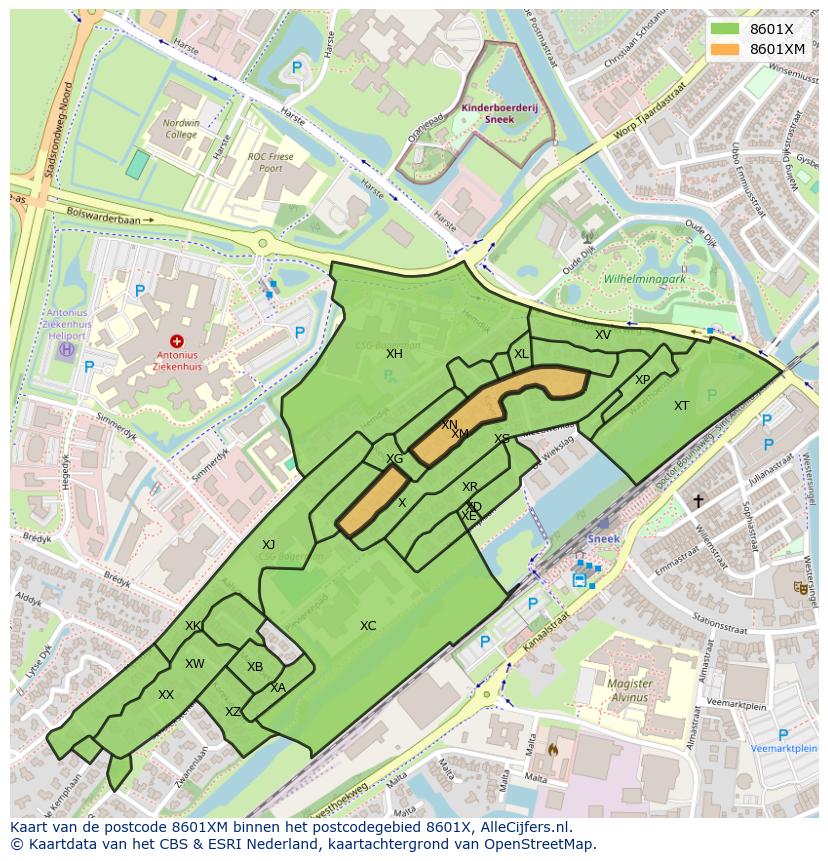 Afbeelding van het postcodegebied 8601 XM op de kaart.