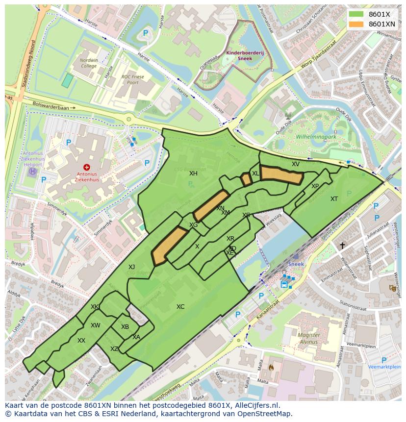 Afbeelding van het postcodegebied 8601 XN op de kaart.