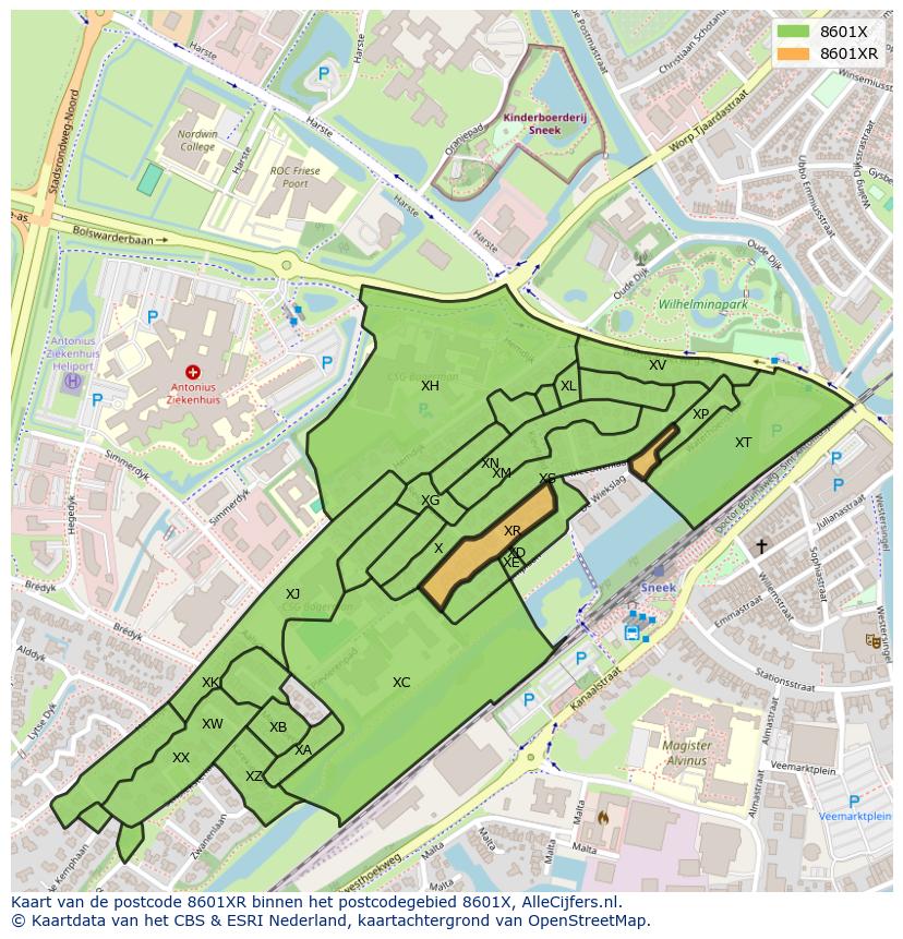 Afbeelding van het postcodegebied 8601 XR op de kaart.