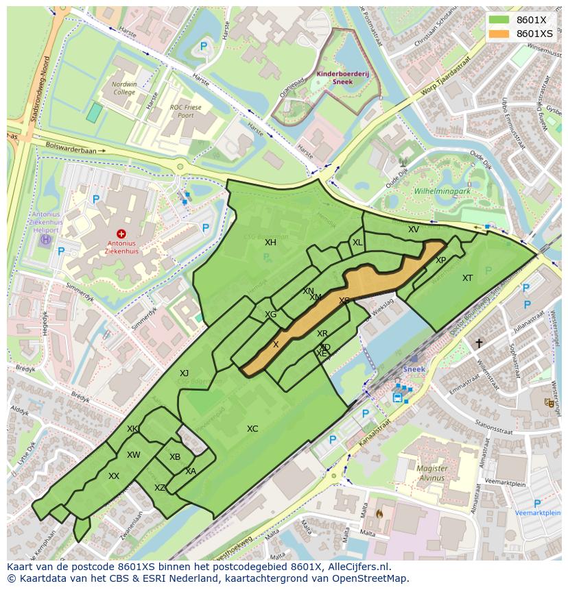 Afbeelding van het postcodegebied 8601 XS op de kaart.