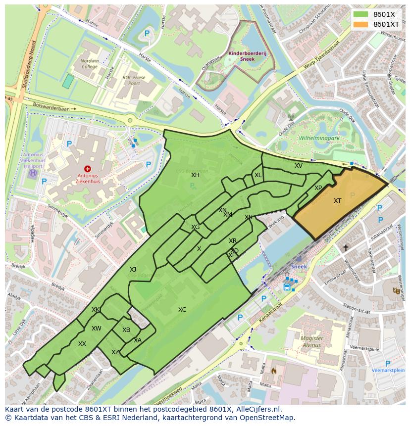 Afbeelding van het postcodegebied 8601 XT op de kaart.