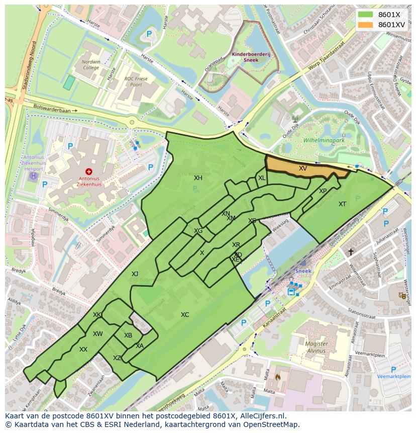 Afbeelding van het postcodegebied 8601 XV op de kaart.