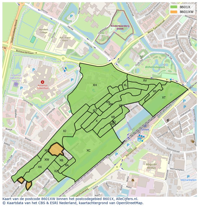 Afbeelding van het postcodegebied 8601 XW op de kaart.
