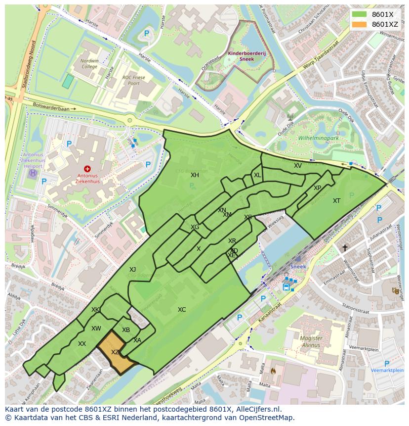Afbeelding van het postcodegebied 8601 XZ op de kaart.