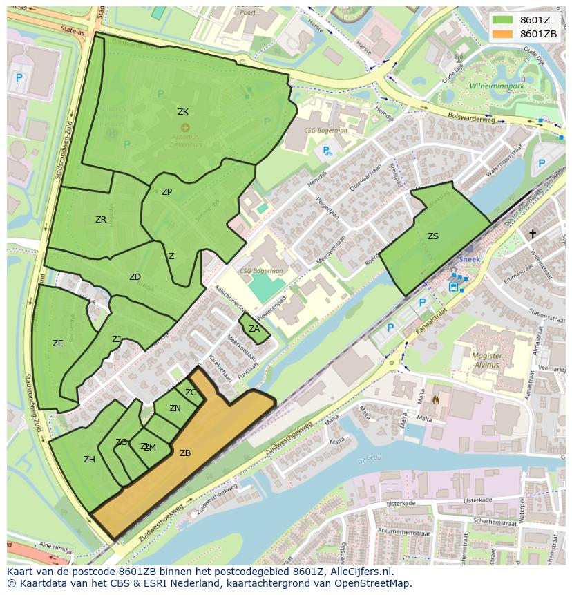 Afbeelding van het postcodegebied 8601 ZB op de kaart.