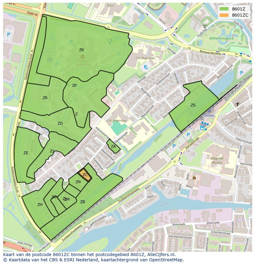 Afbeelding van het postcodegebied 8601 ZC op de kaart.