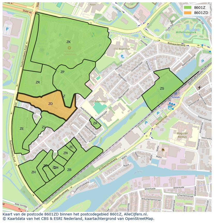 Afbeelding van het postcodegebied 8601 ZD op de kaart.
