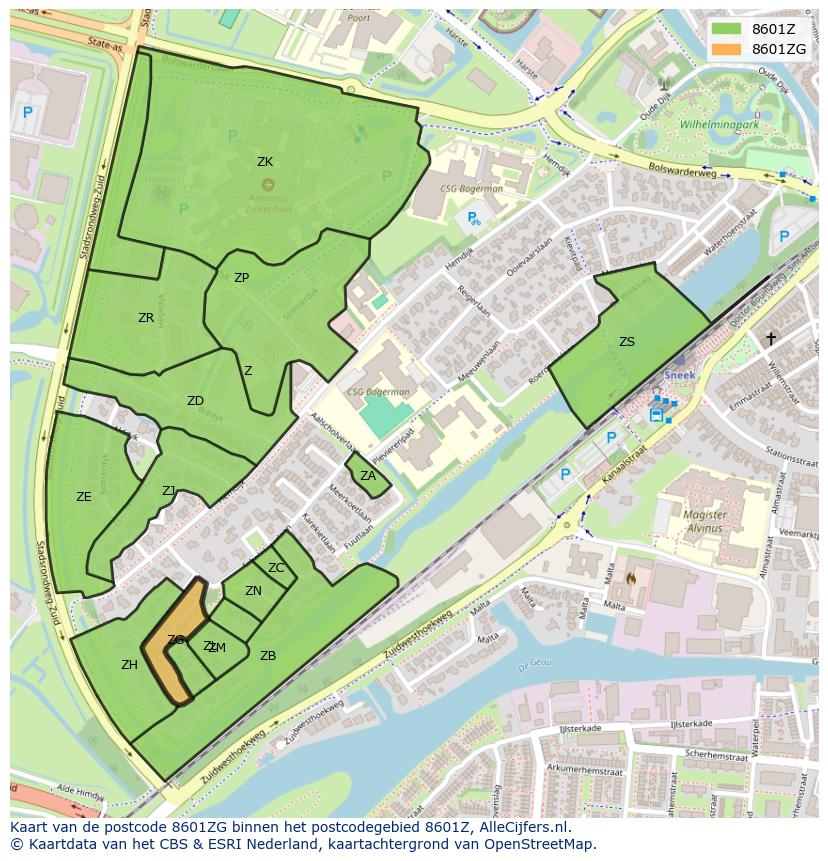 Afbeelding van het postcodegebied 8601 ZG op de kaart.