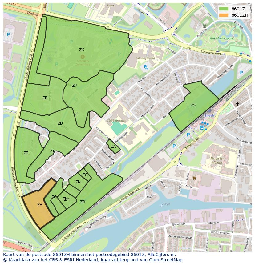Afbeelding van het postcodegebied 8601 ZH op de kaart.