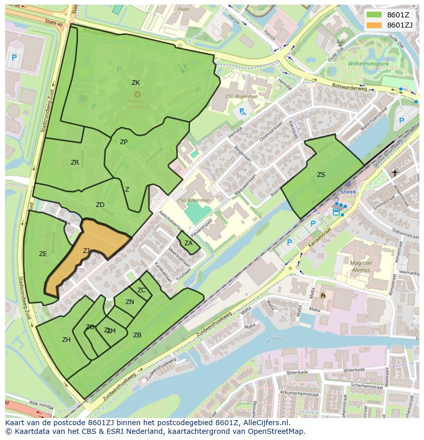 Afbeelding van het postcodegebied 8601 ZJ op de kaart.