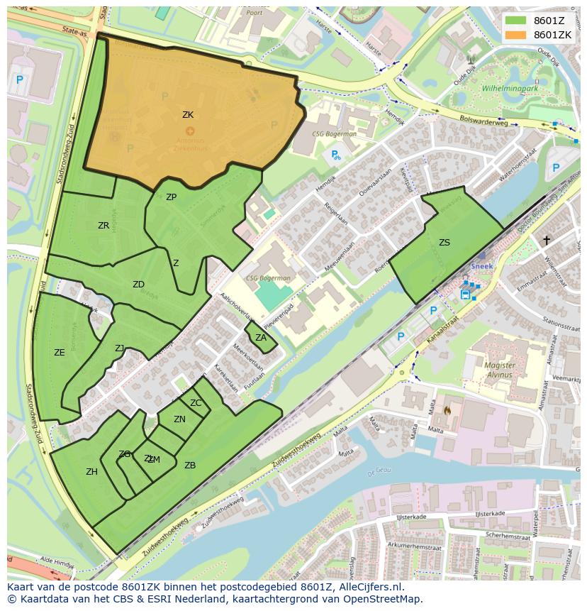 Afbeelding van het postcodegebied 8601 ZK op de kaart.