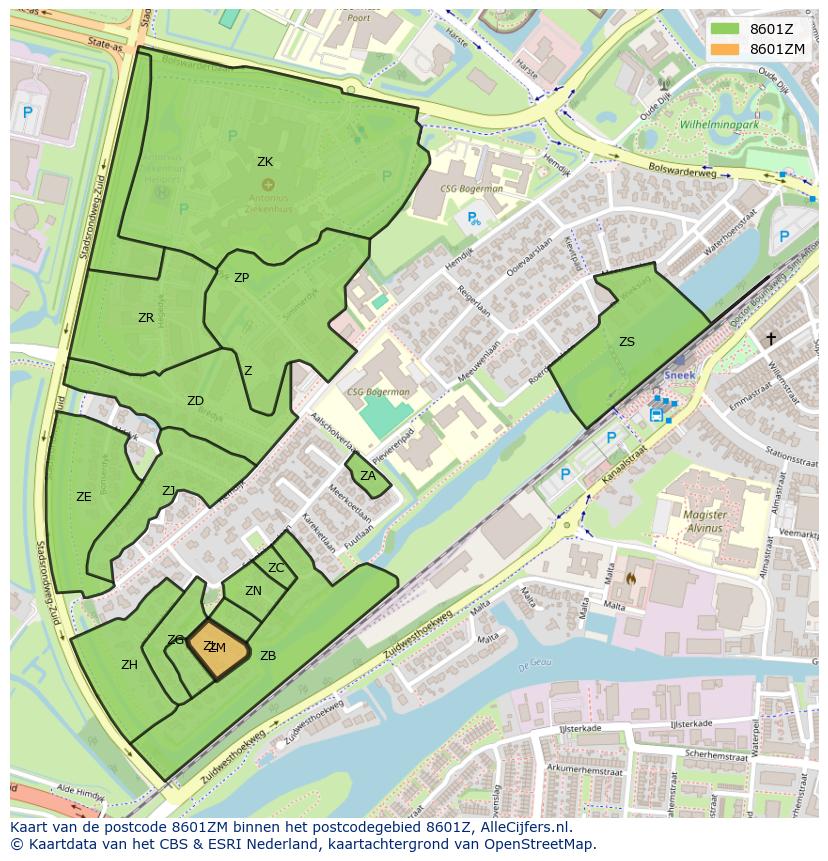 Afbeelding van het postcodegebied 8601 ZM op de kaart.