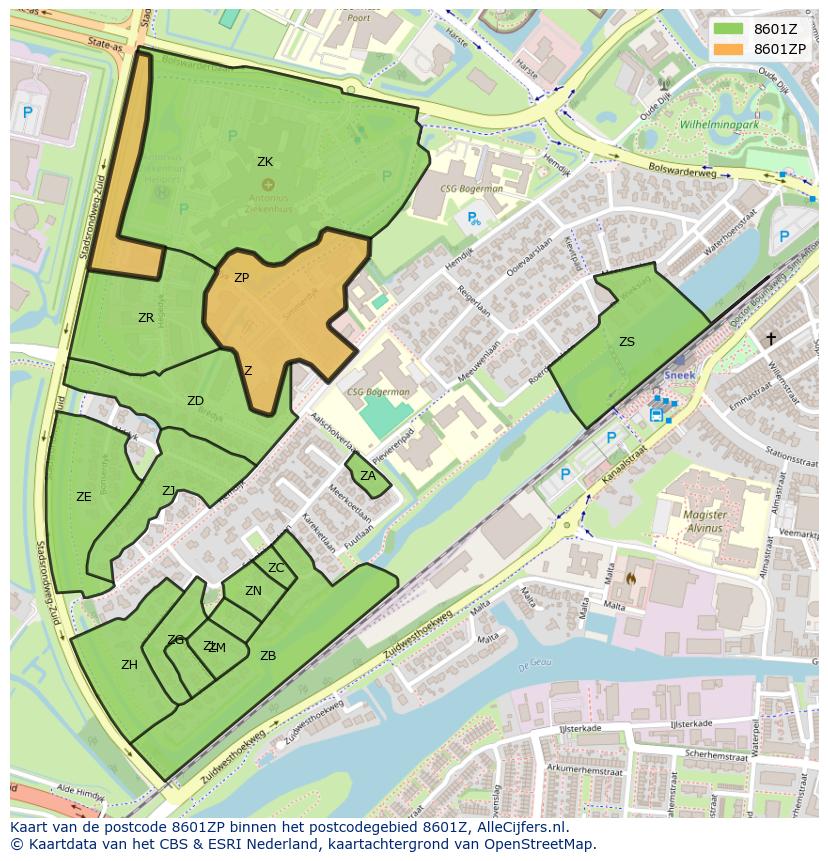 Afbeelding van het postcodegebied 8601 ZP op de kaart.