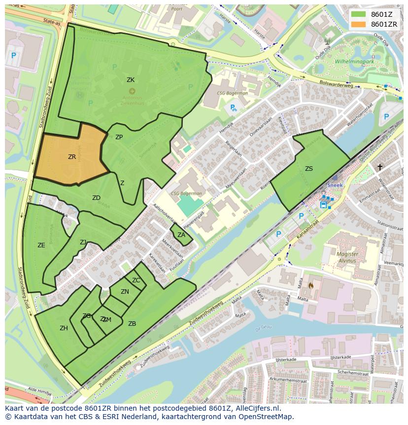 Afbeelding van het postcodegebied 8601 ZR op de kaart.