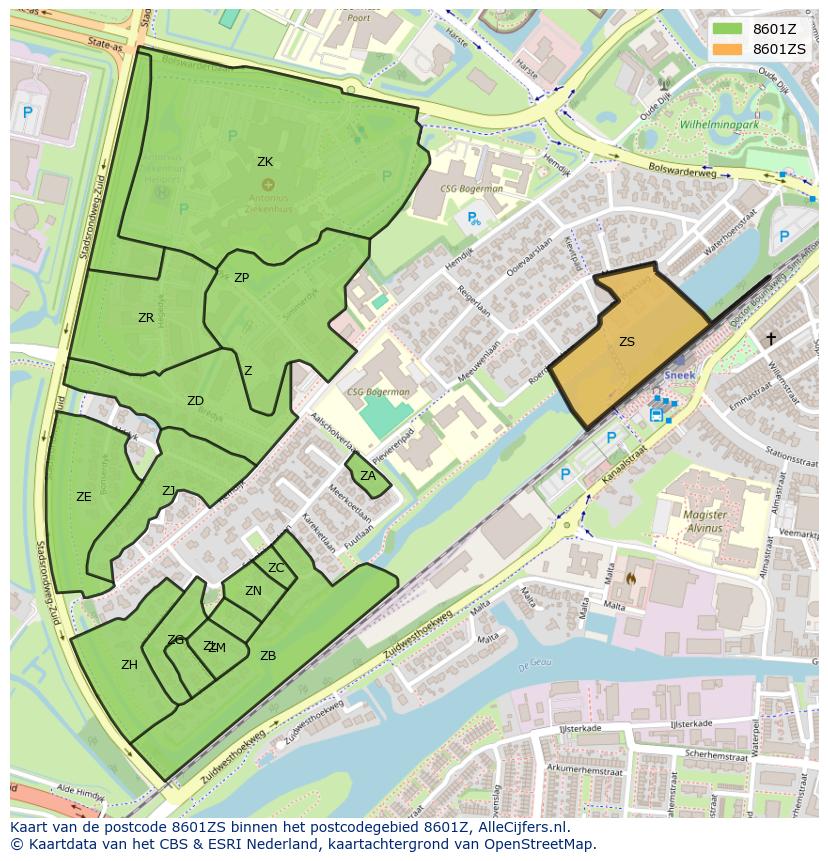 Afbeelding van het postcodegebied 8601 ZS op de kaart.
