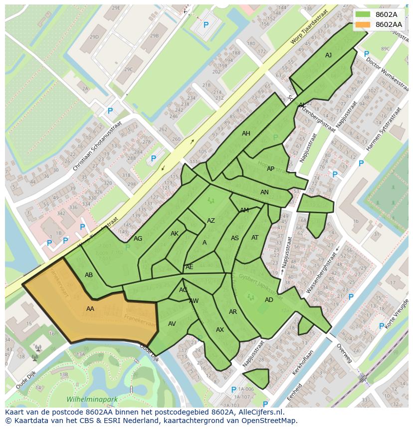Afbeelding van het postcodegebied 8602 AA op de kaart.