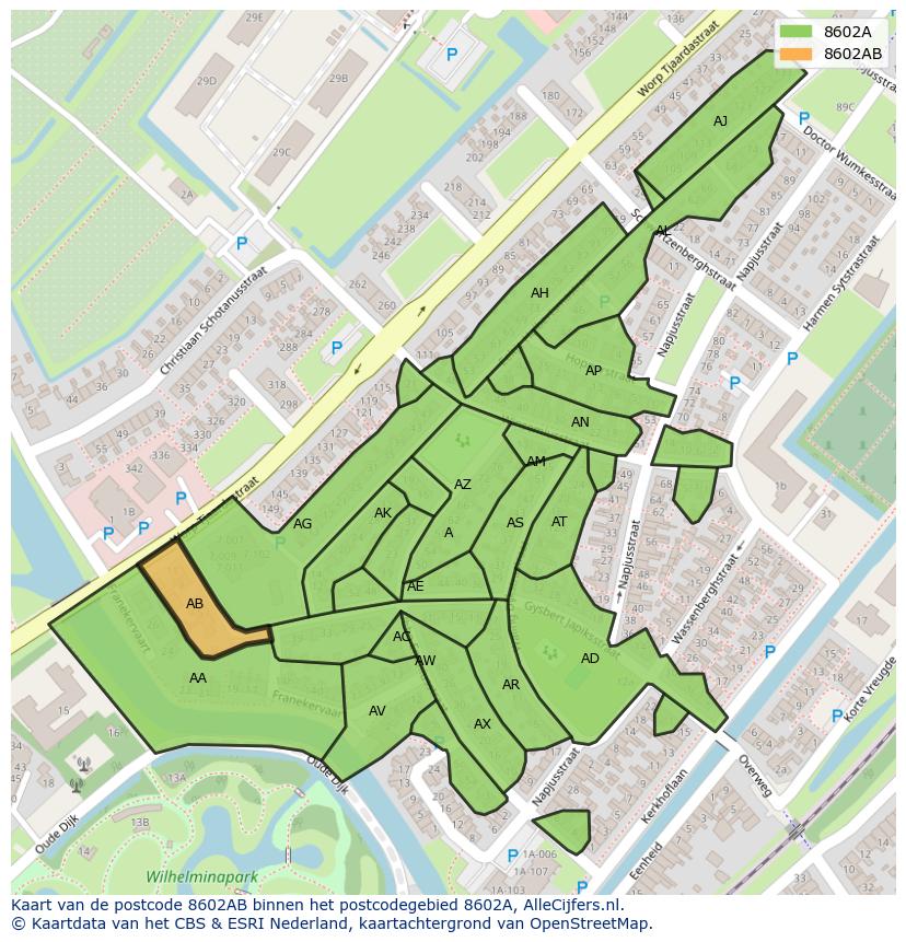 Afbeelding van het postcodegebied 8602 AB op de kaart.