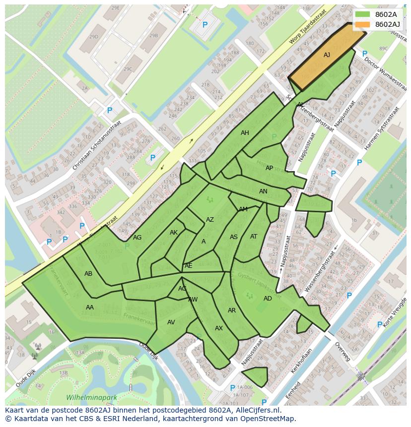 Afbeelding van het postcodegebied 8602 AJ op de kaart.