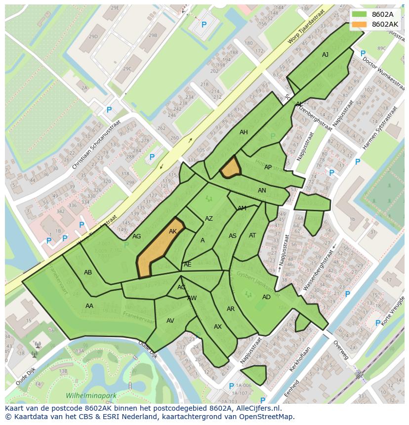 Afbeelding van het postcodegebied 8602 AK op de kaart.