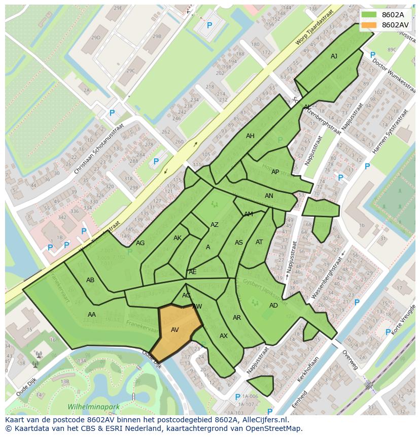 Afbeelding van het postcodegebied 8602 AV op de kaart.