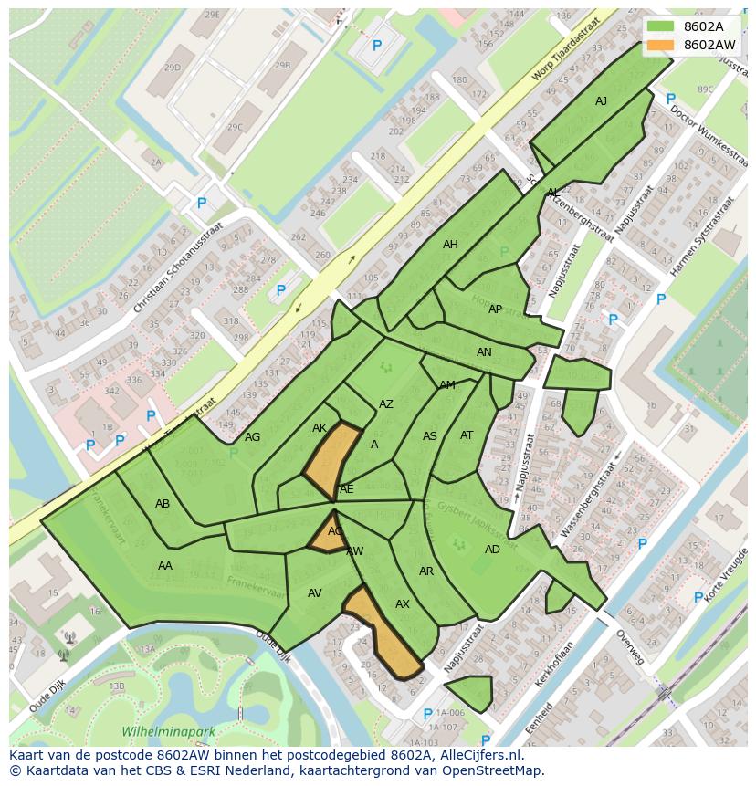 Afbeelding van het postcodegebied 8602 AW op de kaart.