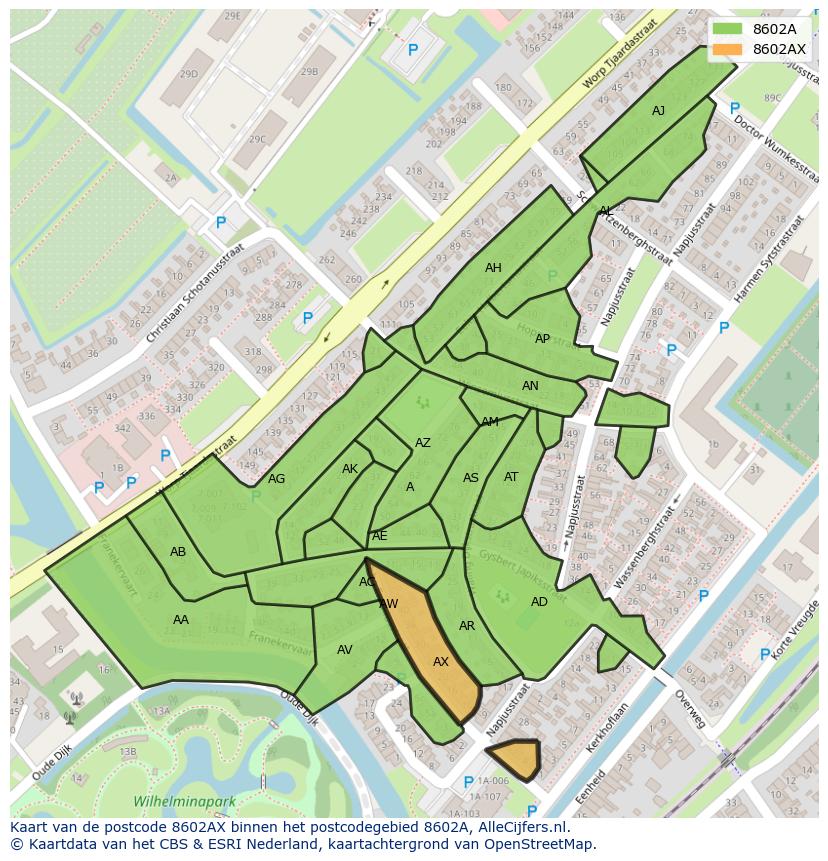 Afbeelding van het postcodegebied 8602 AX op de kaart.