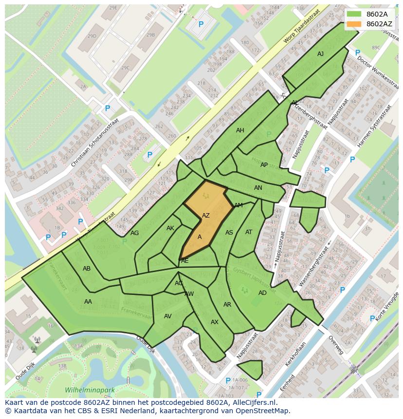 Afbeelding van het postcodegebied 8602 AZ op de kaart.