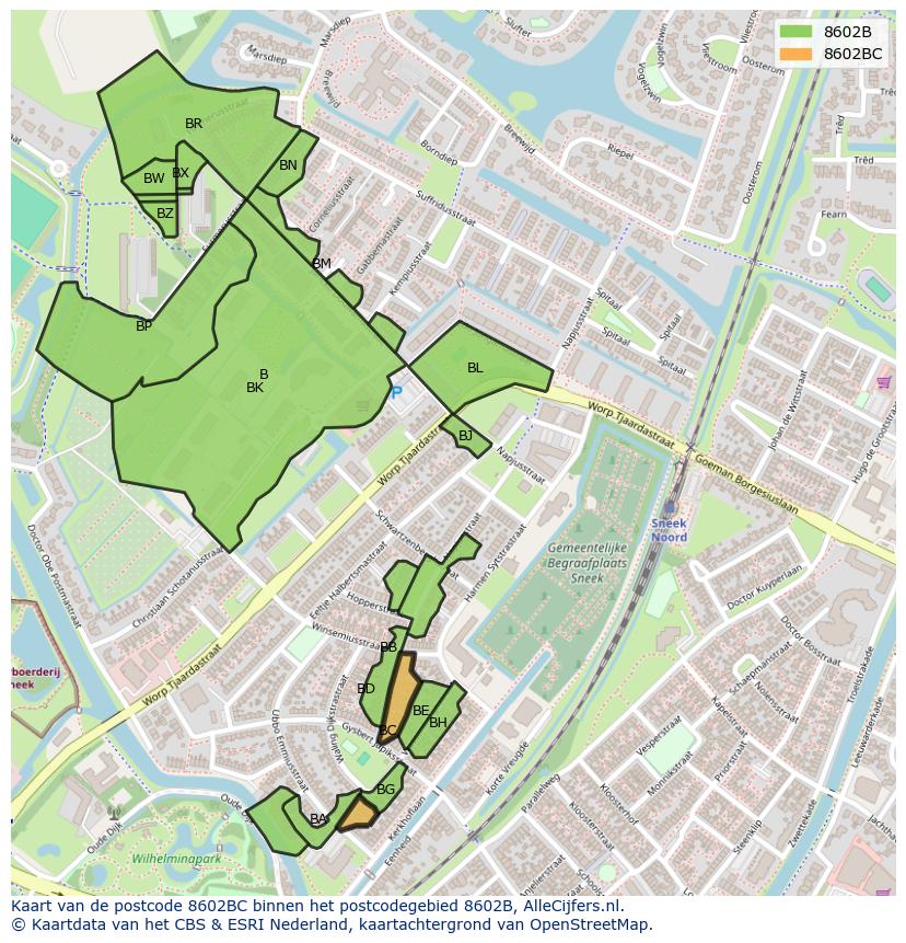Afbeelding van het postcodegebied 8602 BC op de kaart.