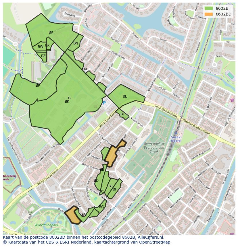Afbeelding van het postcodegebied 8602 BD op de kaart.