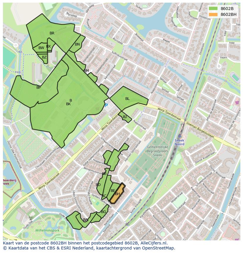 Afbeelding van het postcodegebied 8602 BH op de kaart.