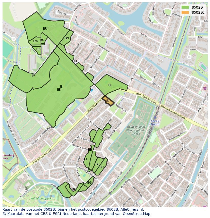 Afbeelding van het postcodegebied 8602 BJ op de kaart.