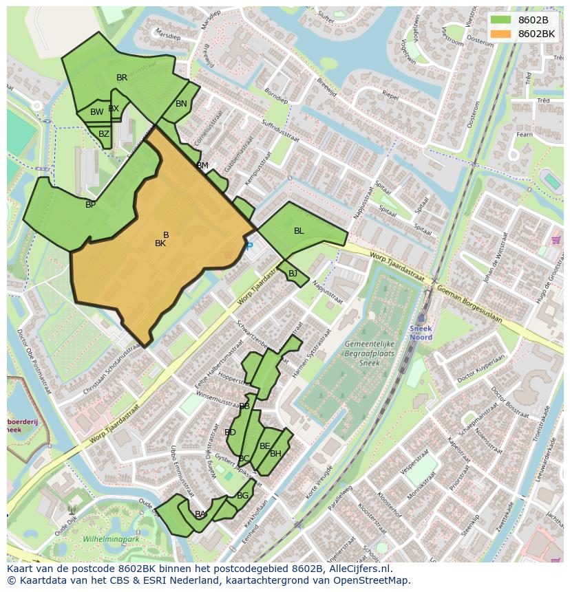 Afbeelding van het postcodegebied 8602 BK op de kaart.
