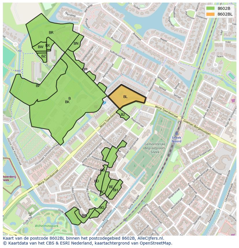 Afbeelding van het postcodegebied 8602 BL op de kaart.